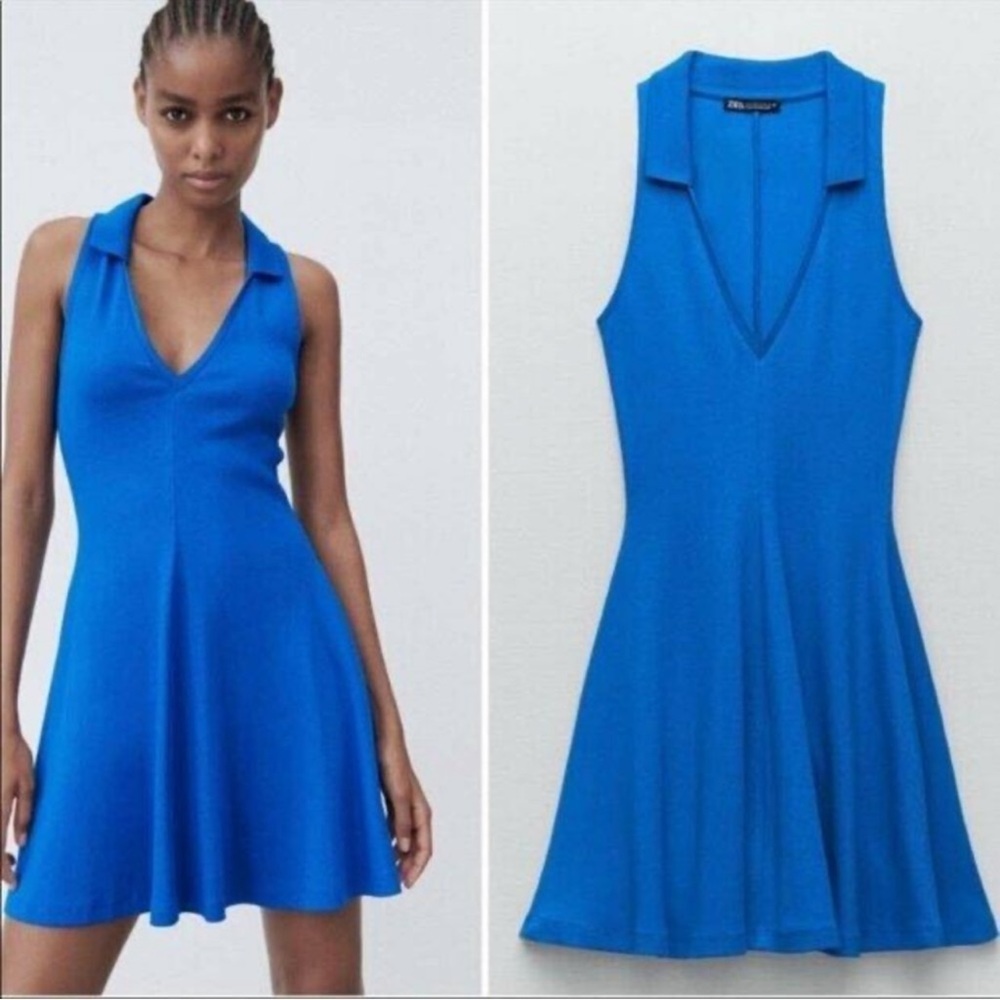 Zara Blue Collar Ribbed Dress